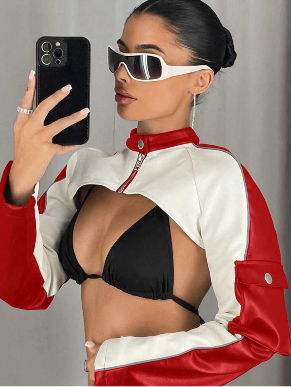 Cropped Red & White Moto-Style Women's Jacket